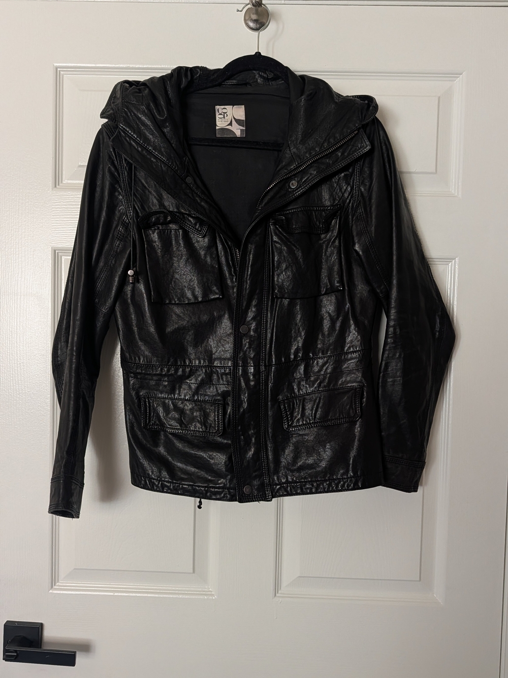 Barneys New York Black Hooded Leather Jacket